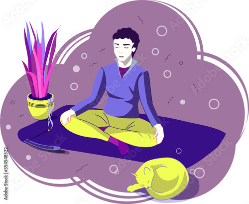 Man sitting crossing legs, doing yoga and practicing meditation with his cat. Finding a quiet place. Vector cartoon illustration. Violet background