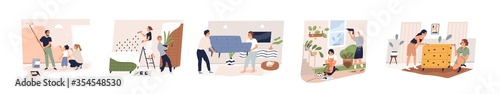 Set of different family, couple and friend making home repair together vector flat illustration. Collection of various people doing apartment renovation isolated on white background