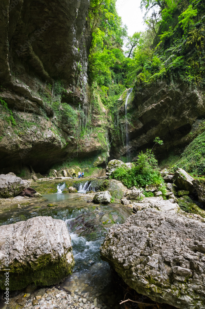 Fototapeta premium View of the waterfall in Caucasian mountains