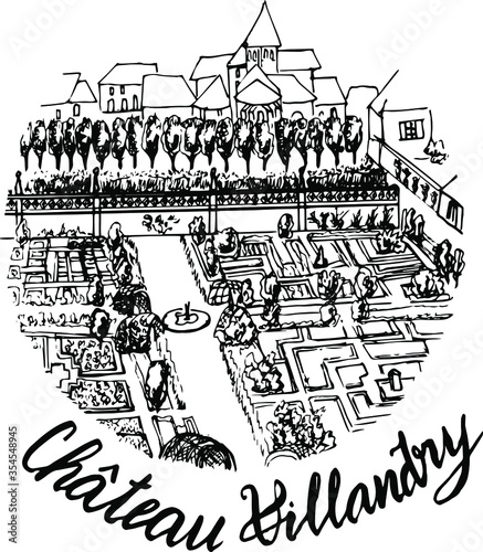 Vector illustration of the castle. For design or coloring pages for children and adults. The French Renaissance Chateau of Villandry. Handwritten inscription " castle of Villandry"