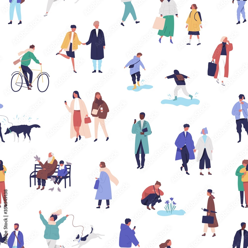 Fototapeta premium Diverse tiny people walking on street seamless pattern. Crowd of man, woman, children performing spring outdoor activities vector flat illustration. Funny characters in seasonal clothes or outerwear