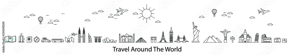 Travel around the World and landmarks on the globe. Concept website template