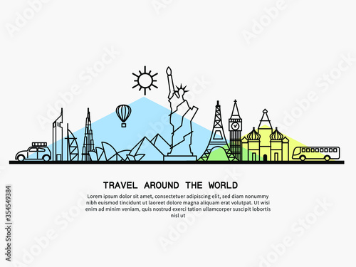 Travel around the World and landmarks on the globe. Concept website template