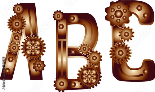 Steampunk Style Typeface. Mechanical alphabet of gears. letter A B C . Vector illustration of vintage steampunk alphabet for logo and text. Children's alphabet. Funny mechanisms for kids.