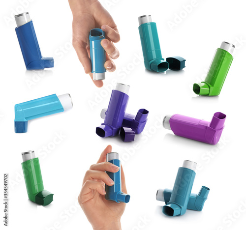 Collage with portable asthma inhalers on white background