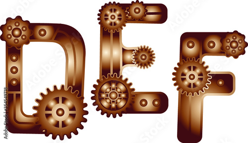 Steampunk Style Typeface. Mechanical alphabet of gears. letter D E F. Vector illustration of vintage steampunk alphabet for logo and text. Children's alphabet. Funny mechanisms for kids.