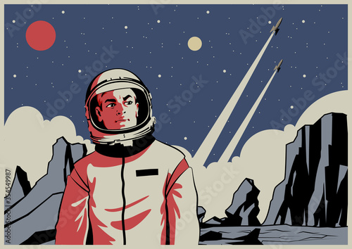 Astronaut on an Unknown Planet Retro Space Poster Stylization, Spaceman with Helmet, Rockets Launching, Flying Space Rockets 