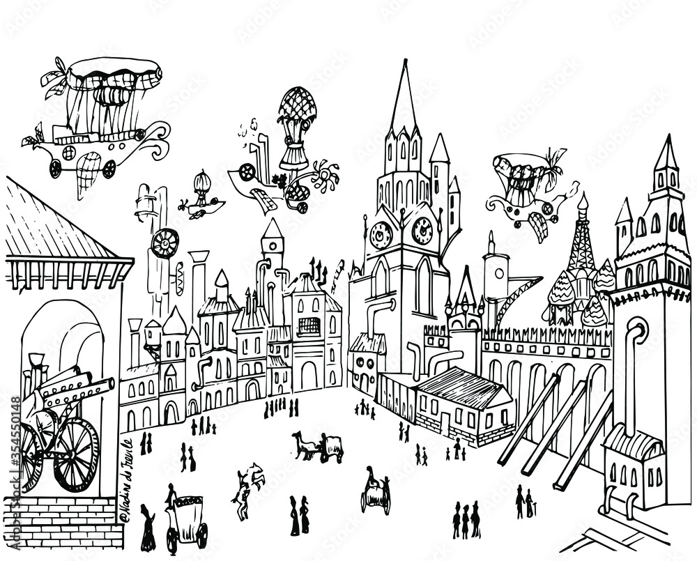 Obraz premium Fantastyczne miasto w stylu steampunk. Kreml moskiewski to w rzeczywistości steampunk. Szkic wektor czarno-biały. Ręcznie rysowane. Pojedynczo na białym tle. Kolorowanka dla dzieci i dorosłych.