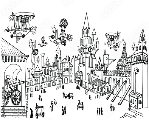 A fantastic city in the steampunk style. The Moscow Kremlin in reality is steampunk.  Vector Black and white sketch. Hand-drawn. Isolated on a white background. Coloring book for children and adults.