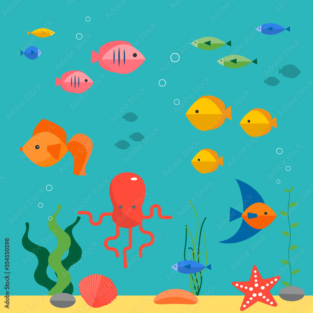 Colorful fish in the water . Underwater background, vector illustration