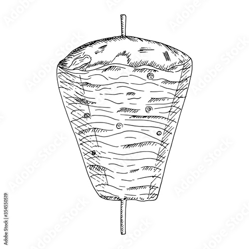 Shawarma pork meat on pole skewer isolated on white background. Vector hand drawn sketch illustration in doodle outline style. Concept of doner kebab, tasty food, steet outdoors, bbq, barbecue.