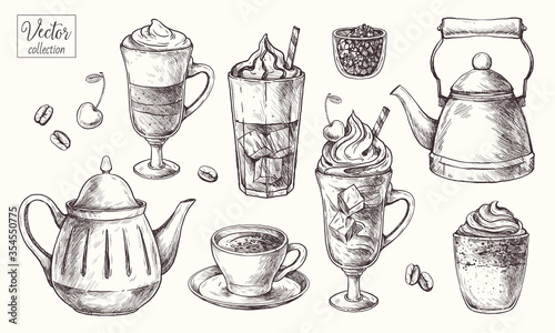 Coffee. Types of coffee. The drinks. Cocktails. Dalgona coffee. Kettle. Teapot. Vector Hand Drawn. Sketch Botanical Illustration. 