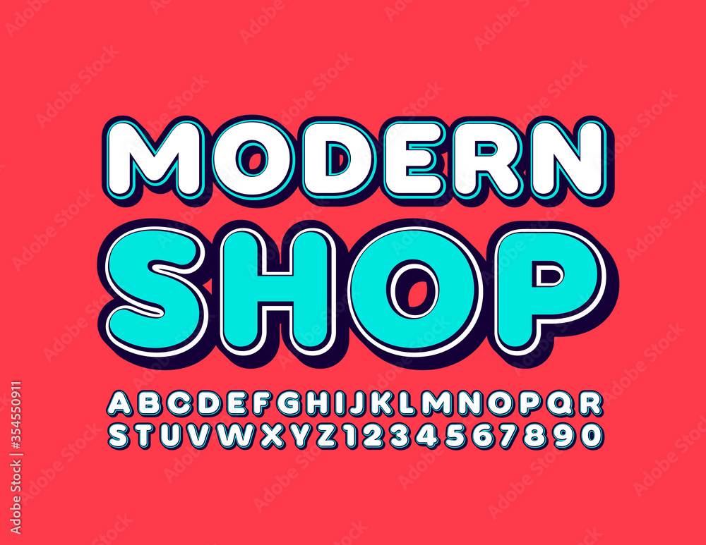 Vector bright banner Modern Shop with Trendy Alphabet Letters and Numbers. 3D Decorative Font