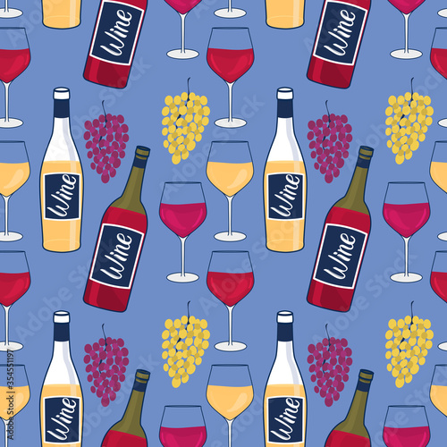 Wine bottles and glasses seamless pattern. Wineglasse and Bunches of grapes. Design winery surface Vector hand illustration on a blue background. photo