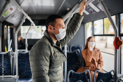 Passengers on public transport during the coronavirus pandemic keep their distance from each other. Protection and prevention covid 19