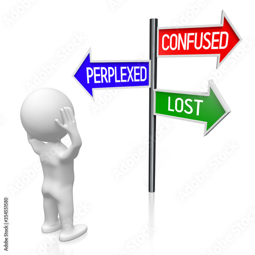 Confused, perplexed, lost concept - signpost with three arrows, cartoon character - 3D illustration © PX Media