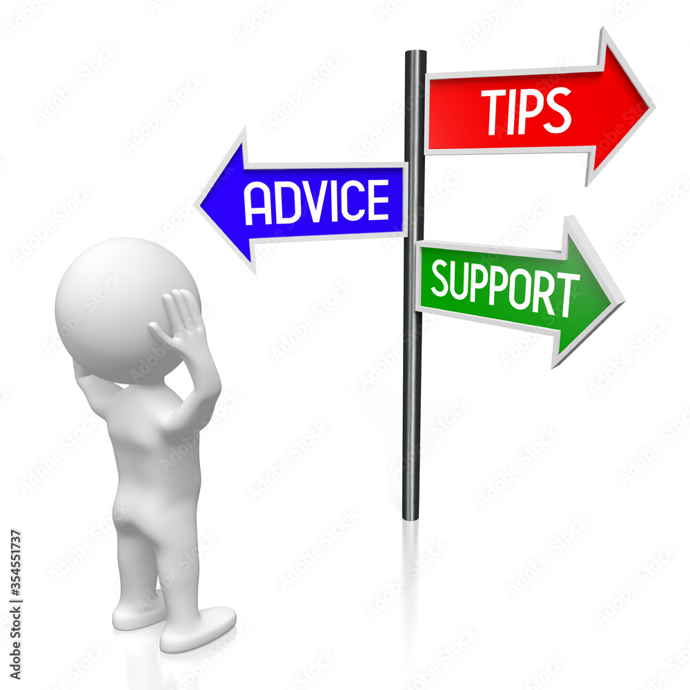 Tips, advice, support concept - signpost with three arrows, cartoon character - 3D illustration Tips, advice, support concept - signpost with three arrows, cartoon character - 3D illustration