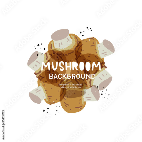 Mushroom background with copy space for text. Yummy banner with cartoon shrooms for recipe book cover, food blog backdrop, diet application, nutrition presentation template. Hand drawn food banner