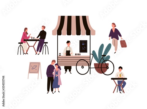 Street coffee shop with barista and customers vector flat illustration. Visitors sitting at table in outdoor cafe isolated on white. Man, woman and couple walk near kiosk with takeaway beverage