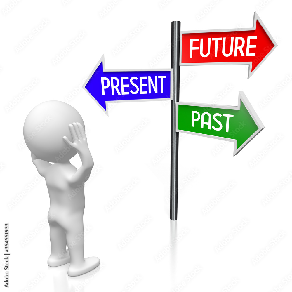 Future, present, past - time concept - signpost with three arrows, cartoon character - 3D illustration Future, present, past - time concept - signpost with three arrows, cartoon character - 3D illustration