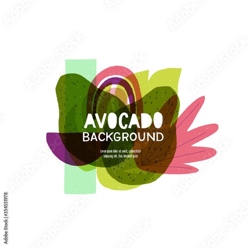 Avocado style backdrop with curvy forms and multicolored abstract elements. Yummy background with trendy geometric and flux shapes with copy space for inscription, title, headline. Healthy lifestyle