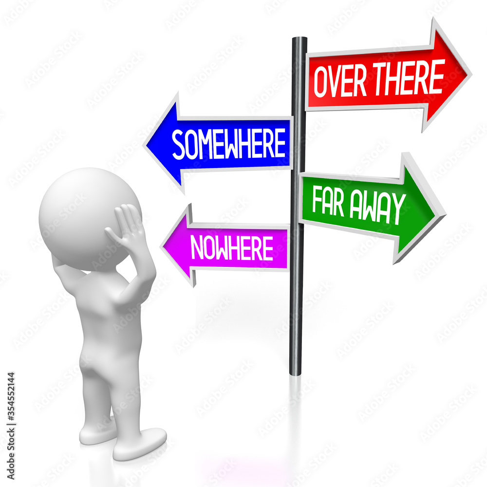 Over there, somewhere, far away, nowhere - direction concept - signpost with four arrows, cartoon character - 3D illustration Over there, somewhere, far away, nowhere - direction concept - signpost with four arrows, cartoon character - 3D illustration