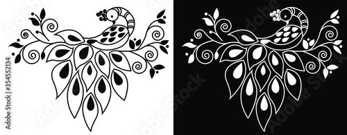 Beautiful peacock with leafy feathers and spirals isolated on black and white background 