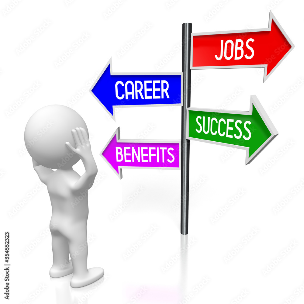 Jobs, career, success, benefits concept - signpost with four arrows, cartoon character - 3D illustration