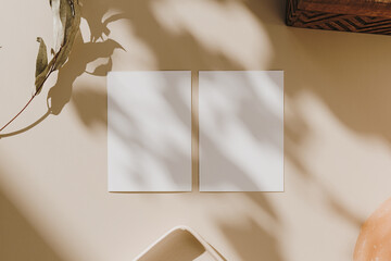 Blank paper sheet cards with mockup copy space in flowers sunlight shadows on beige background. Flat lay, top view minimal business brand template