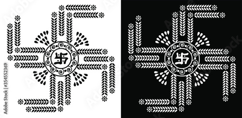 Hindu swastik symbol decorated with flower petals is in black and white background