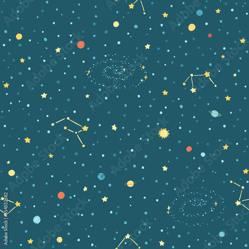 Galaxy space seamless pattern with planets, stars and constellations. A childish vector illustration of hand-drawn cartoon objects in a simple Scandinavian style. Colorful isolated on a dark