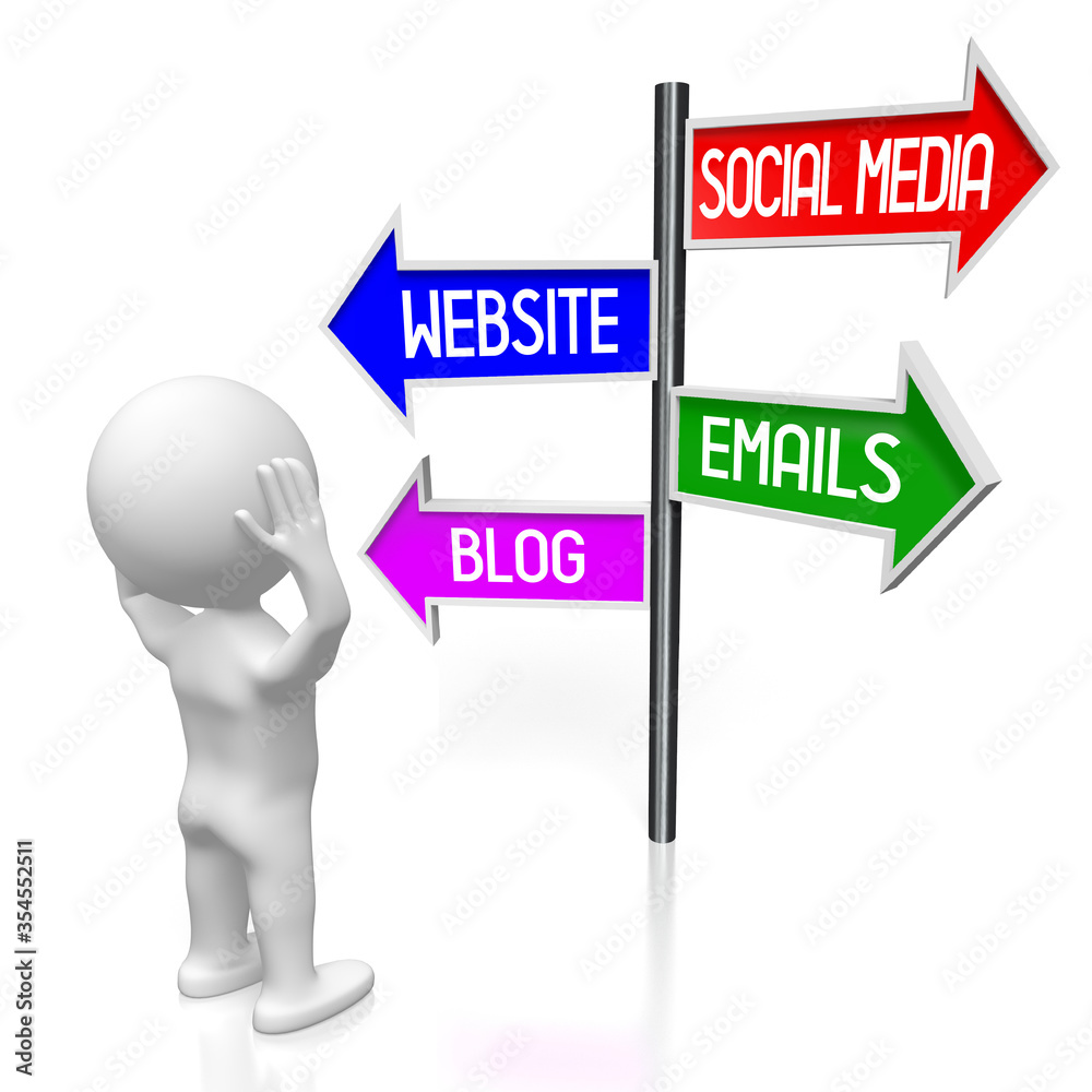 Social media, website, emails, blog concept - signpost with four arrows, cartoon character - 3D illustration Social media, website, emails, blog concept - signpost with four arrows, cartoon character - 3D illustration