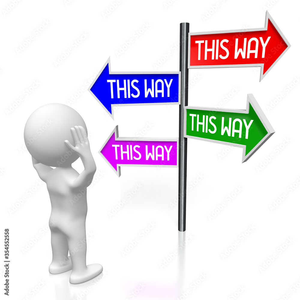 This way concept - signpost with four arrows, cartoon character - 3D illustration This way concept - signpost with four arrows, cartoon character - 3D illustration