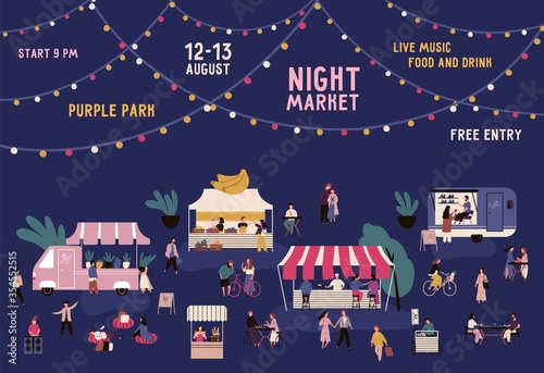 Banner of night market with place for text on garland vector flat illustration. Promo of nighttime fair with men and women walking between stalls. People buying goods, relax and eating street food