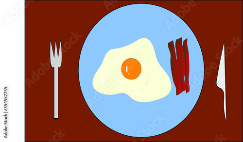 Vector image of egg poach and bacon in a plate with knife and fork.