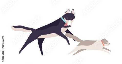 Cute cat running away from funny dog vector flat illustration. Two domestic animal friends playing together isolated on white background. Friendly joyful pets having fun