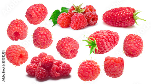 Raspberries, singles and in piles, with leaves, fresh, different varieties. Rubus idaeus fruits isolated w clipping paths