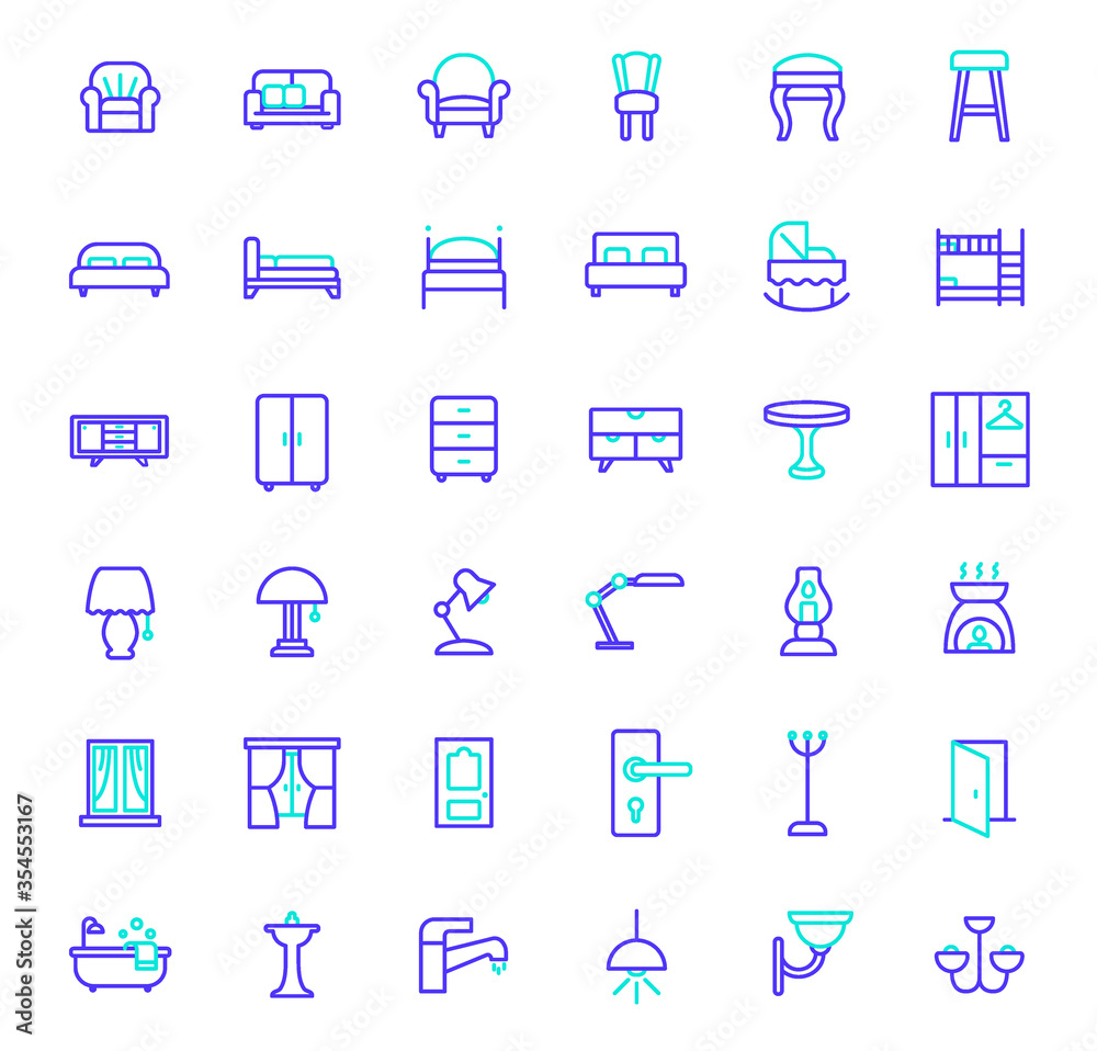 Set of interior icons line style. It contains such Icons as furniture, chair, sofa, bed, desk, window, couch, light, door, lamp and other elements.