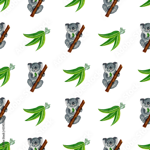 Seamless pattern with loala animal sitting on tree trunk and eucalyptus leaves on white background. Watercolor markers hand drawn illustration in realistic style. Concept of exotic australian animals. photo