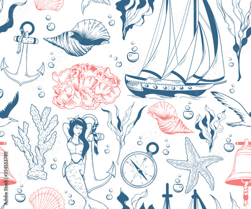 Seamless pattern with marine and nautical elements. Hand drawn outline. Mermaid, yacht, coral, seaweed, etc.
