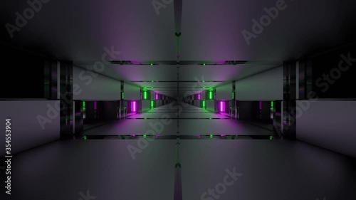 Motion graphics sci fi: moving inside rectangular futuristic corridor purple, green and black smooth interior corridor and passageway