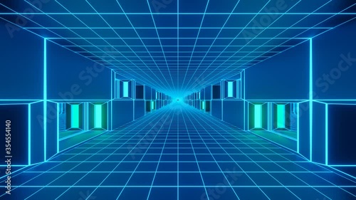 Motion graphic sci fi: moving inside futuristic commercial office blue tiled interior corridor and passageway