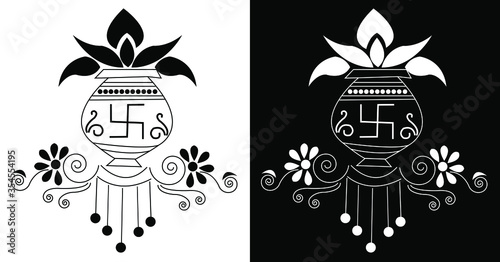 Indian festival symbols decorated with leaves, flowers and spirals isolated on black and white background