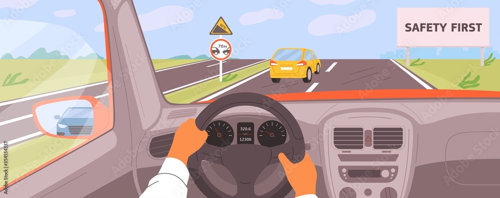 Male hands driving car moving on highway vector illustration. Driver riding on road inside of automobile. Safety first billboard, keep a distance and rise. Vehicle panel view during auto journey - obrazy, fototapety, plakaty 