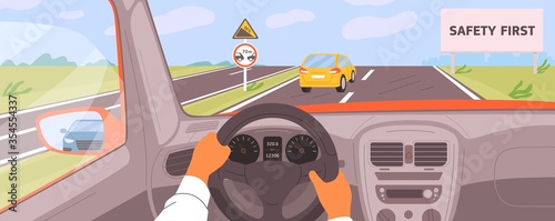 Male hands driving car moving on highway vector illustration. Driver riding on road inside of automobile. Safety first billboard, keep a distance and rise. Vehicle panel view during auto journey