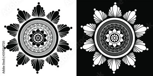 Beautiful Indian traditional and cultural Rangoli mandala design concept of floral art isolated on black and white background
