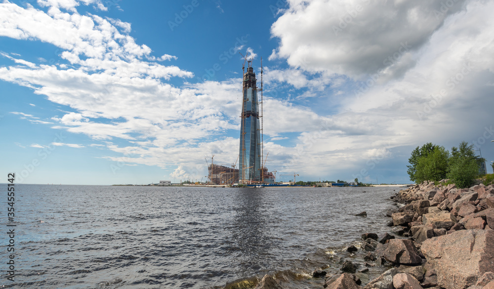 Fototapeta premium Panoramic view of Lakhta Center and the Finnish Gulf