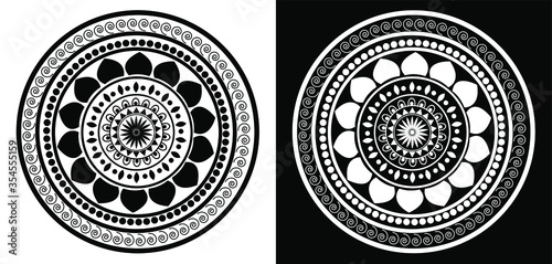 Beautiful Indian traditional and cultural Rangoli mandala design concept of floral art isolated on black and white background