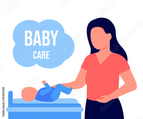 Young abstract mother takes care of newborn baby boy. Kid lies on changing table. Happy mother is dressing her baby. Parent's love for his son. Vector illustration