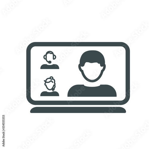 Video conference icon. People on computer screen. Home office in quarantine times. Digital communication. Internet teaching media.